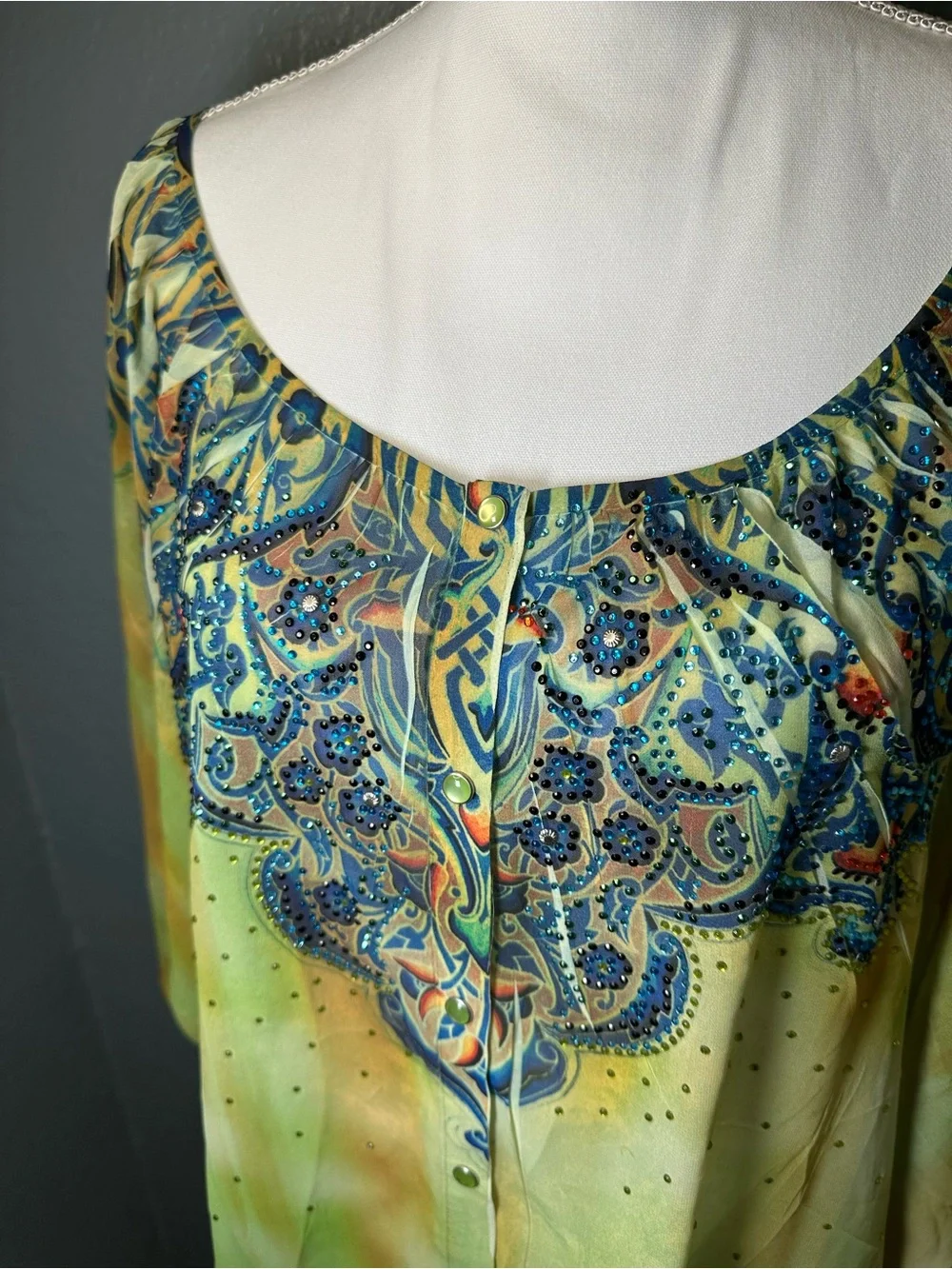 S-Twelve Green and Blue Paisley-Print Button Front Blouse